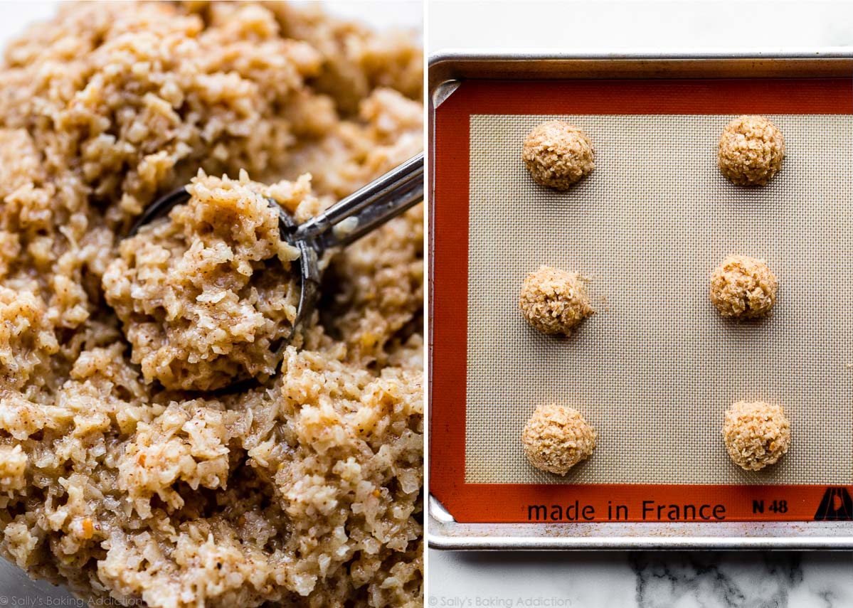 almond butter coconut macaroon cookie dough scooped with a cookie scoop