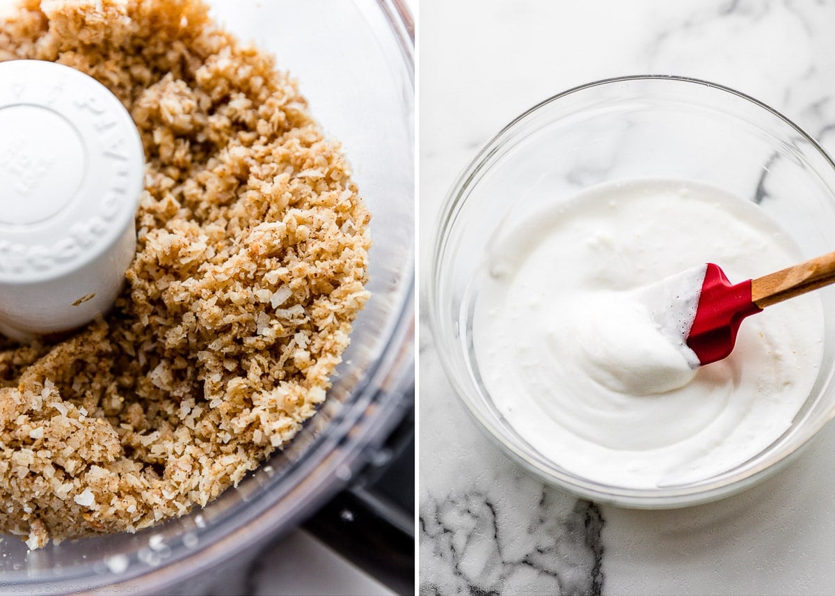 almond butter coconut mixture and whipped egg whites with sugar