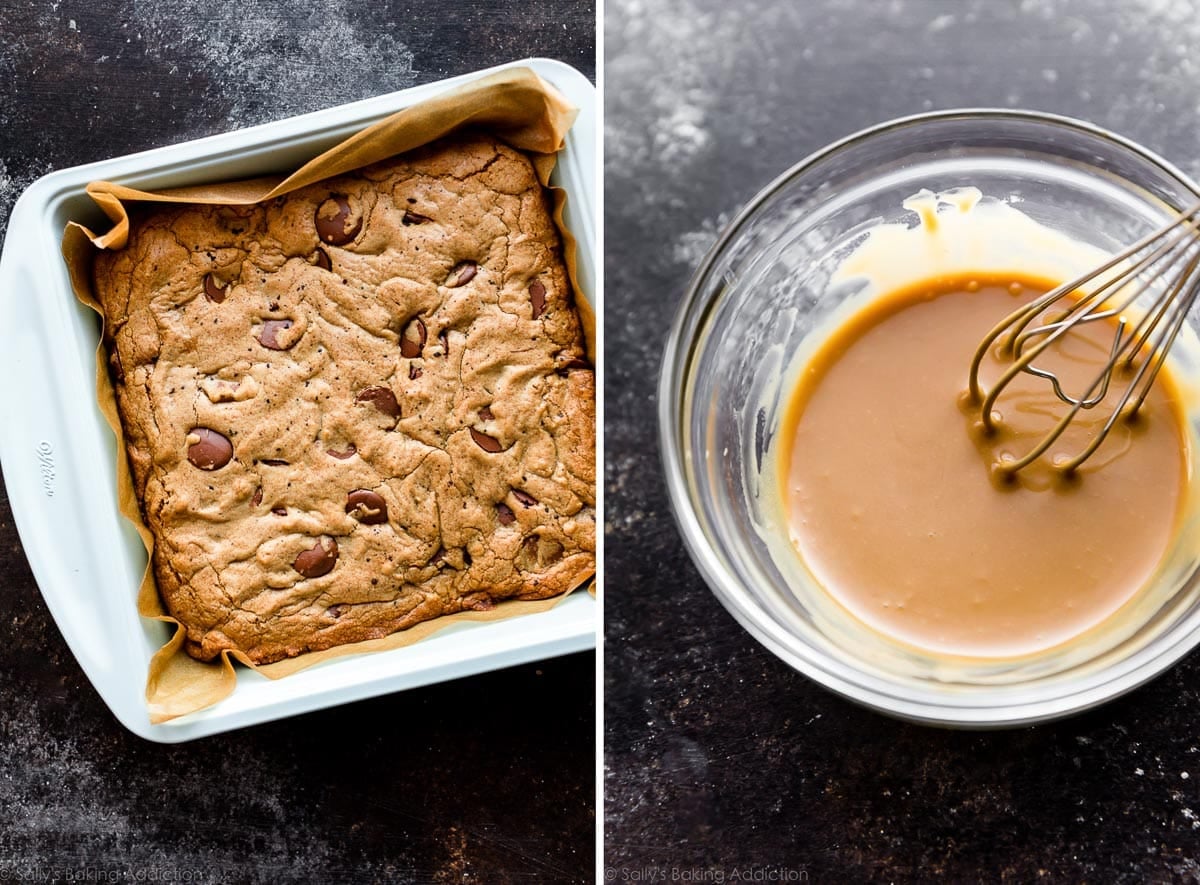 mocha blondies in baking pan and espresso glaze in bowl