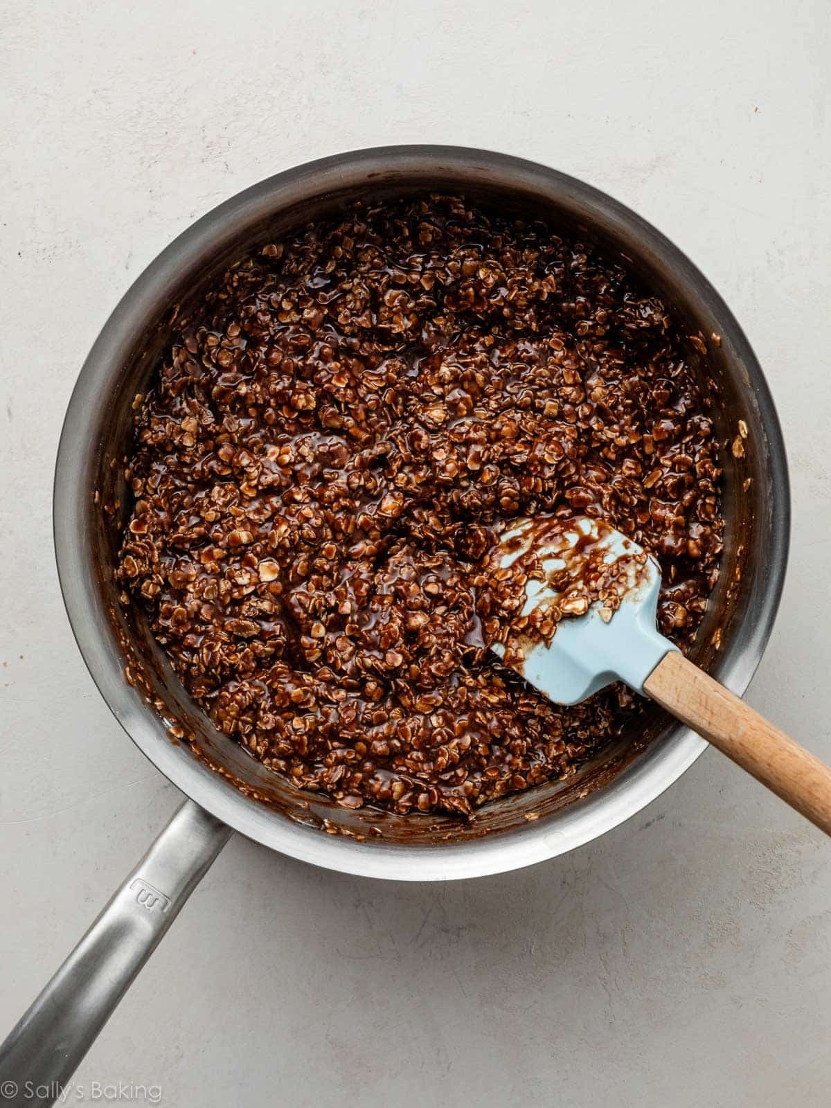 chocolate oat mixture in pot.