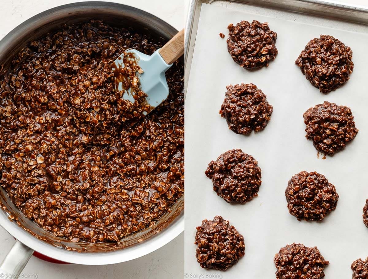 chocolate oat mixture in pot and also shown portioned on lined baking sheet.