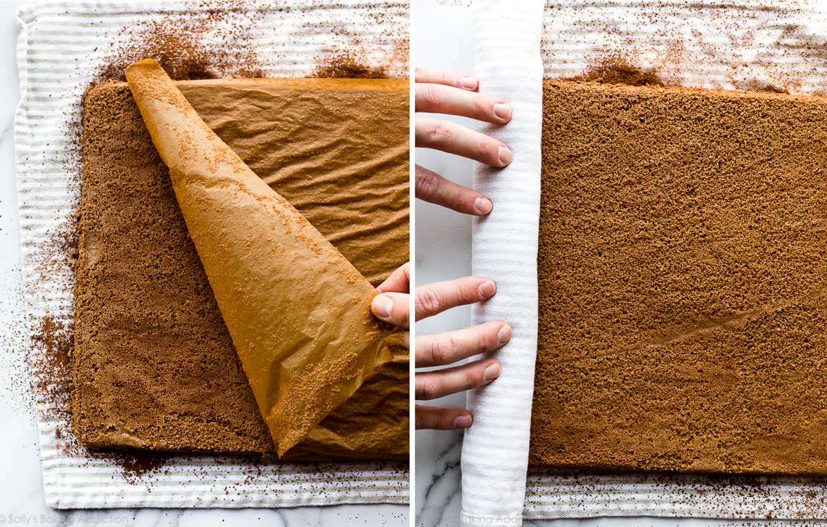 rolling up a yule log cake