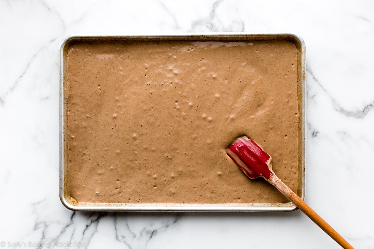 yule log cake batter in pan