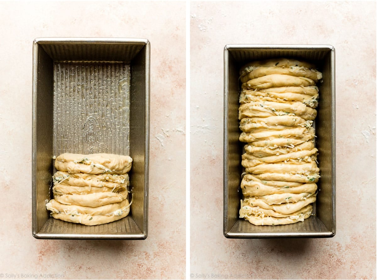 dough rounds lined in loaf baking pan