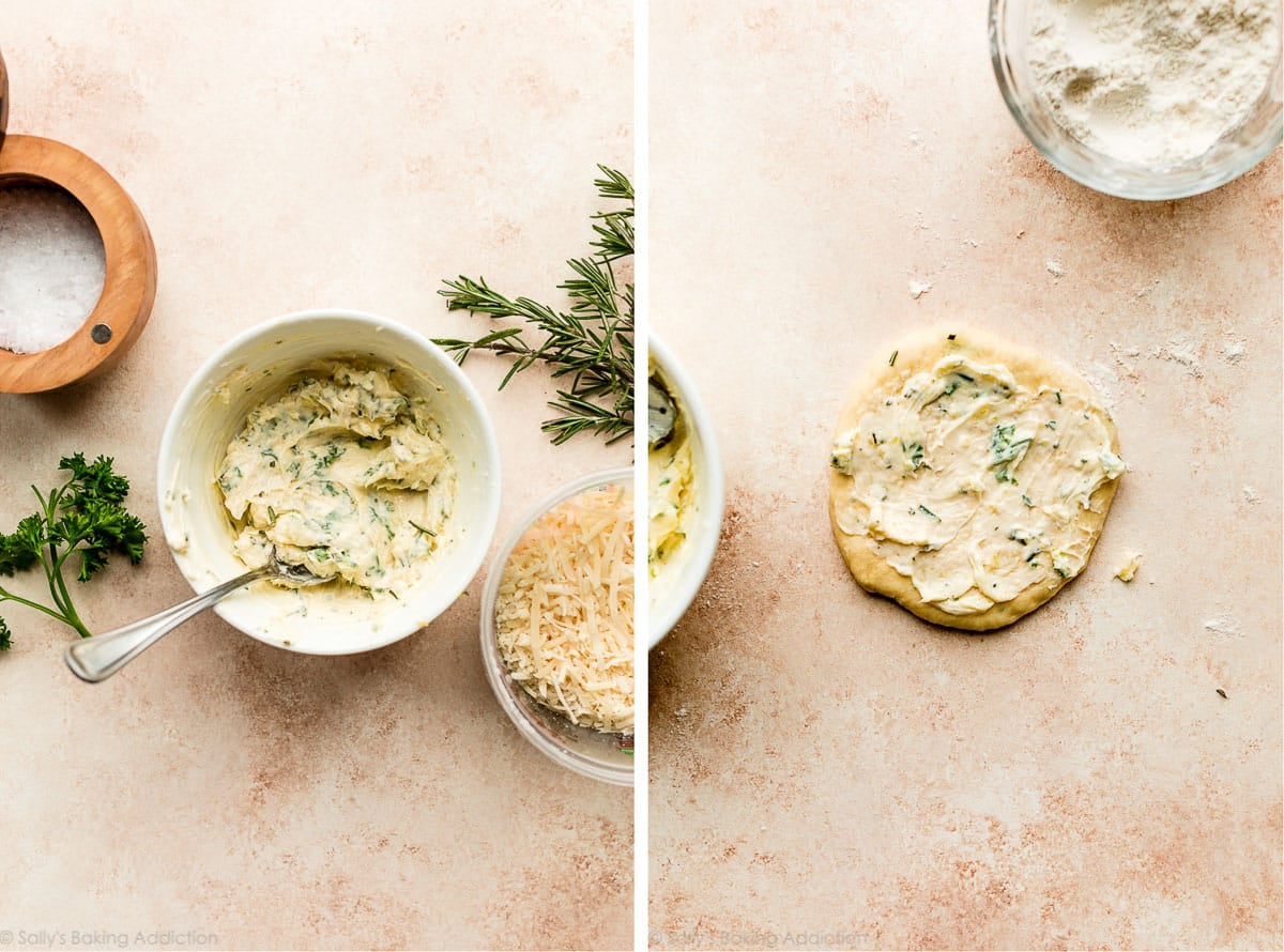 butter filling in bowl and on round piece of dough