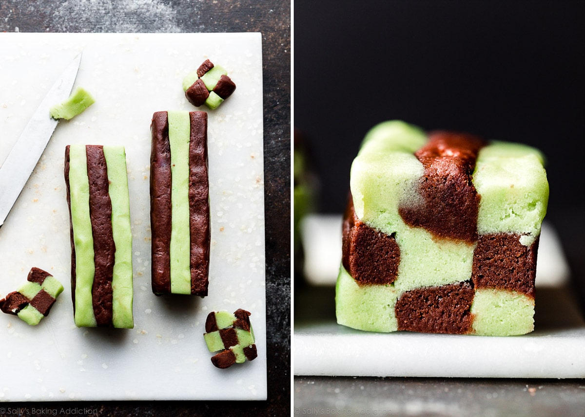 shaped mint and chocolate checkerboard icebox cookies before baking