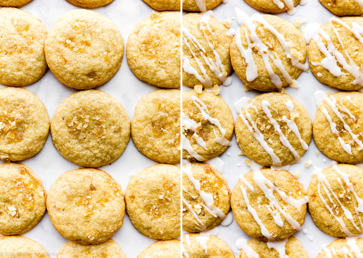 side by side photo of plain lemon cookies and lemon cookies with glaze on top
