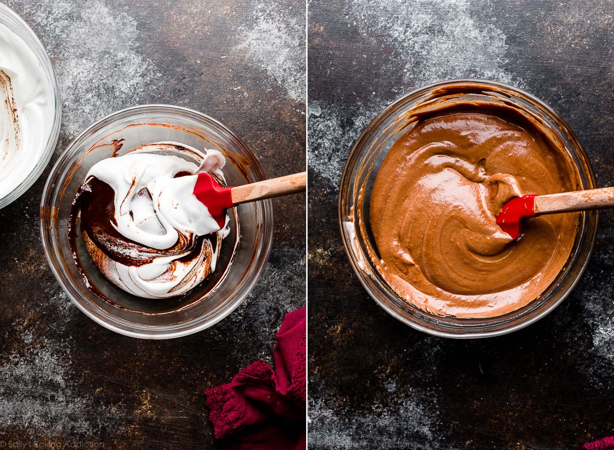 folding egg whites into chocolate souffle batter