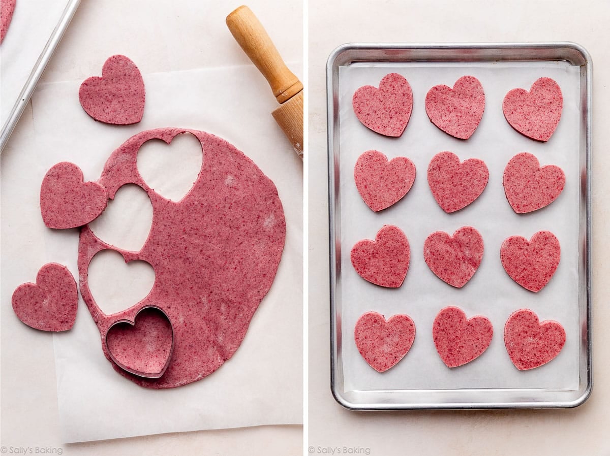 raspberry sugar cookie dough being cut into heart shapes and shown again on baking sheet.