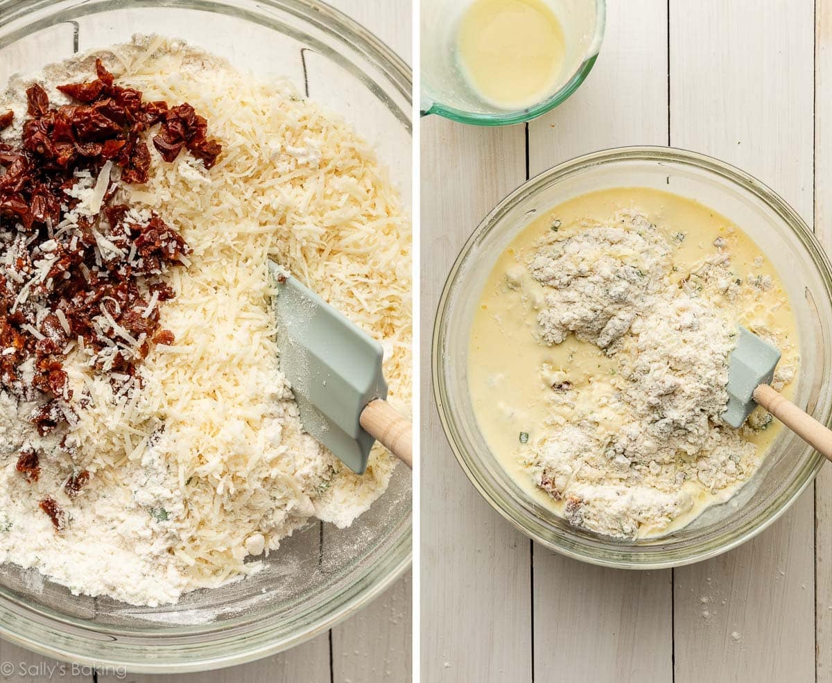 spatula stirring cheese and sun-dried tomatoes into mixture and shown again with buttermilk poured on top.