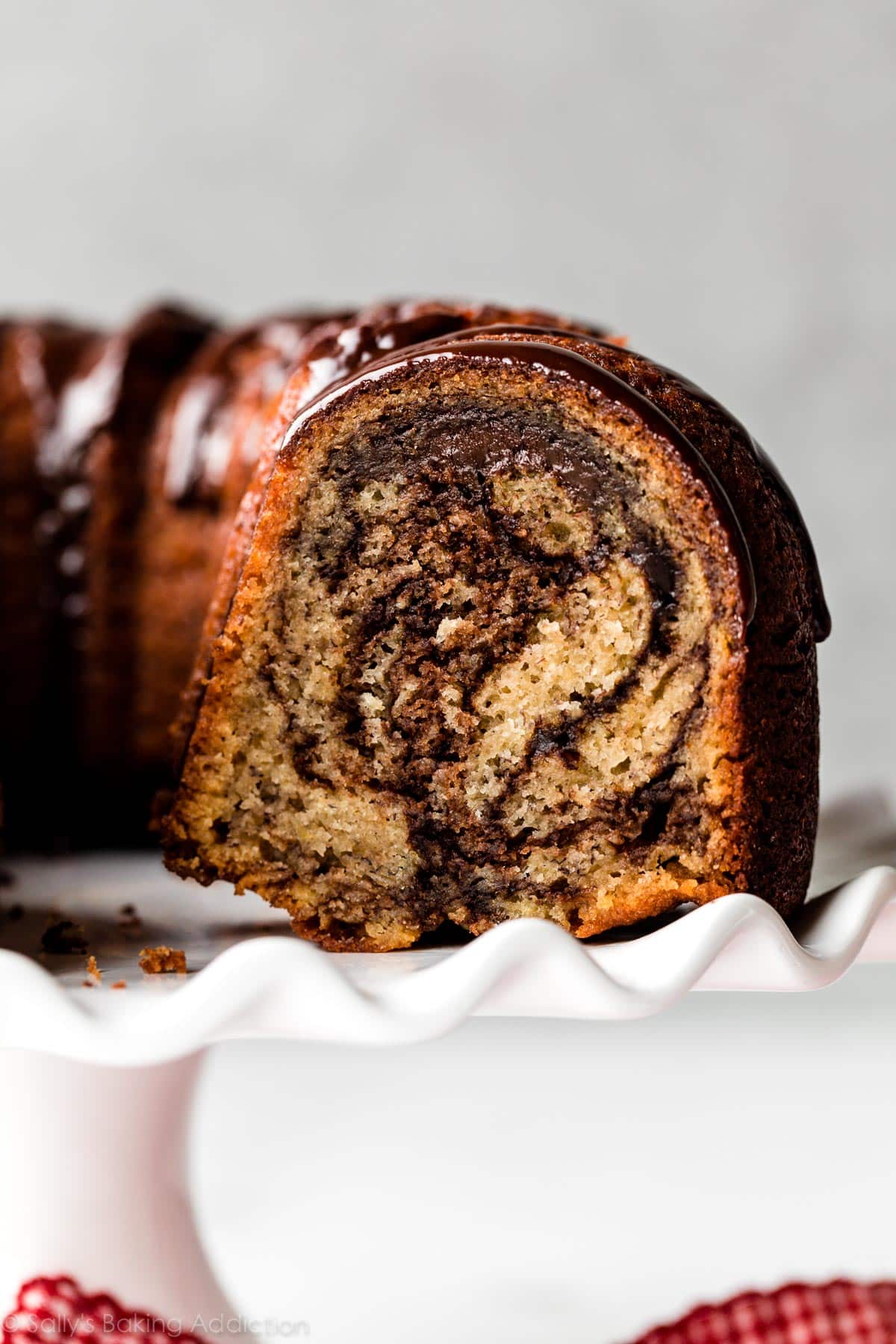 banana bundt cake with chocolate ganache swirl