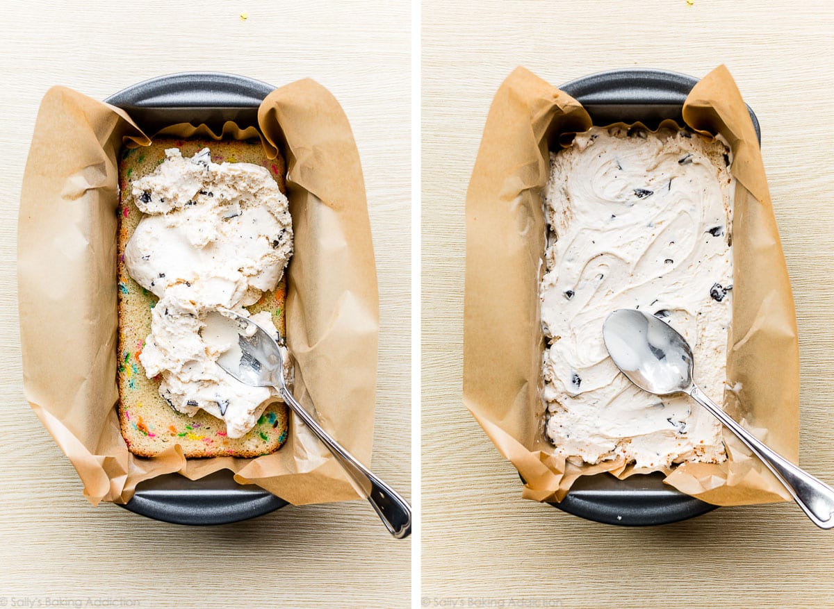 spreading ice cream on loaf cake layers