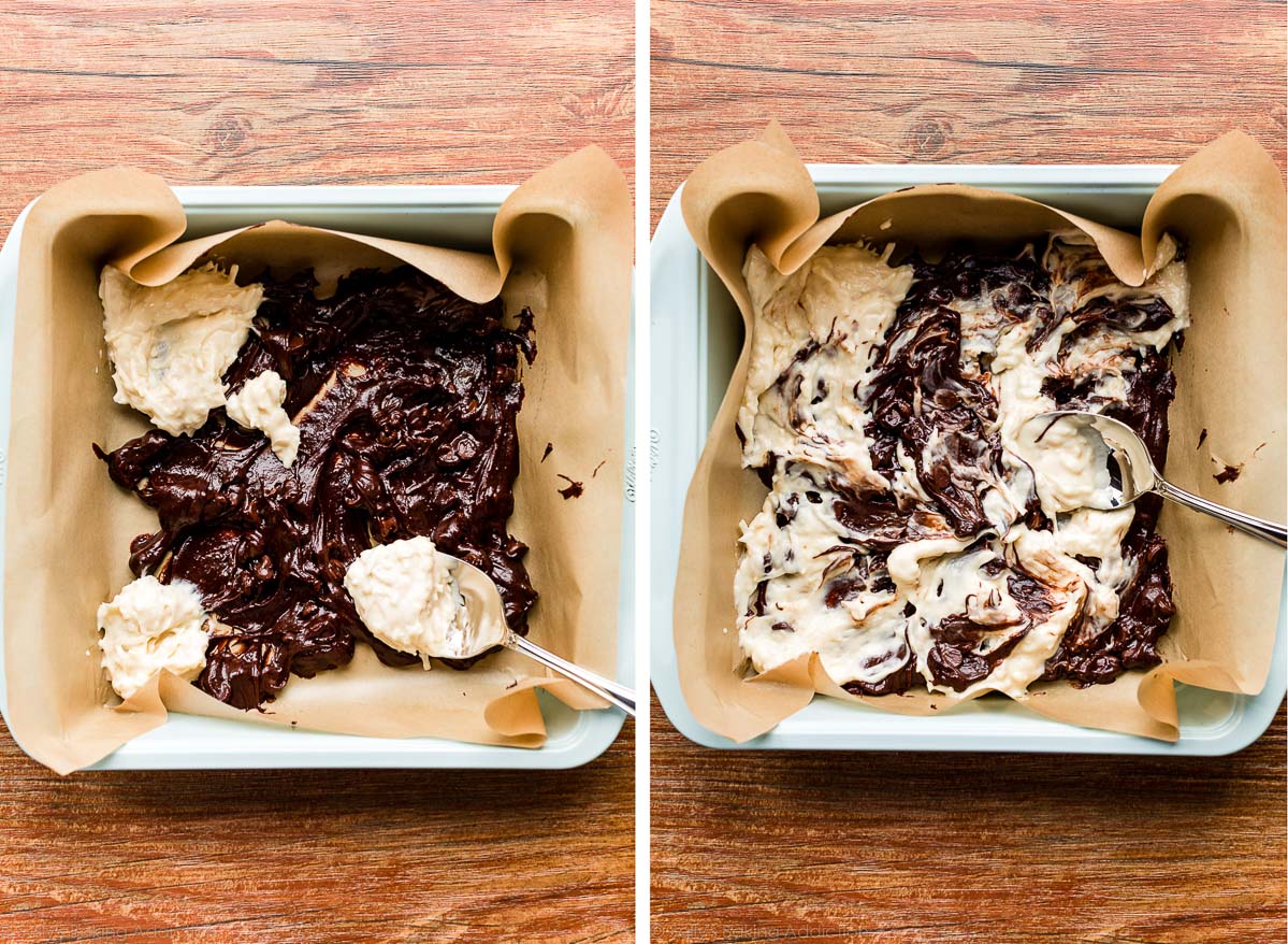 assembling coconut brownies with cheesecake swirl