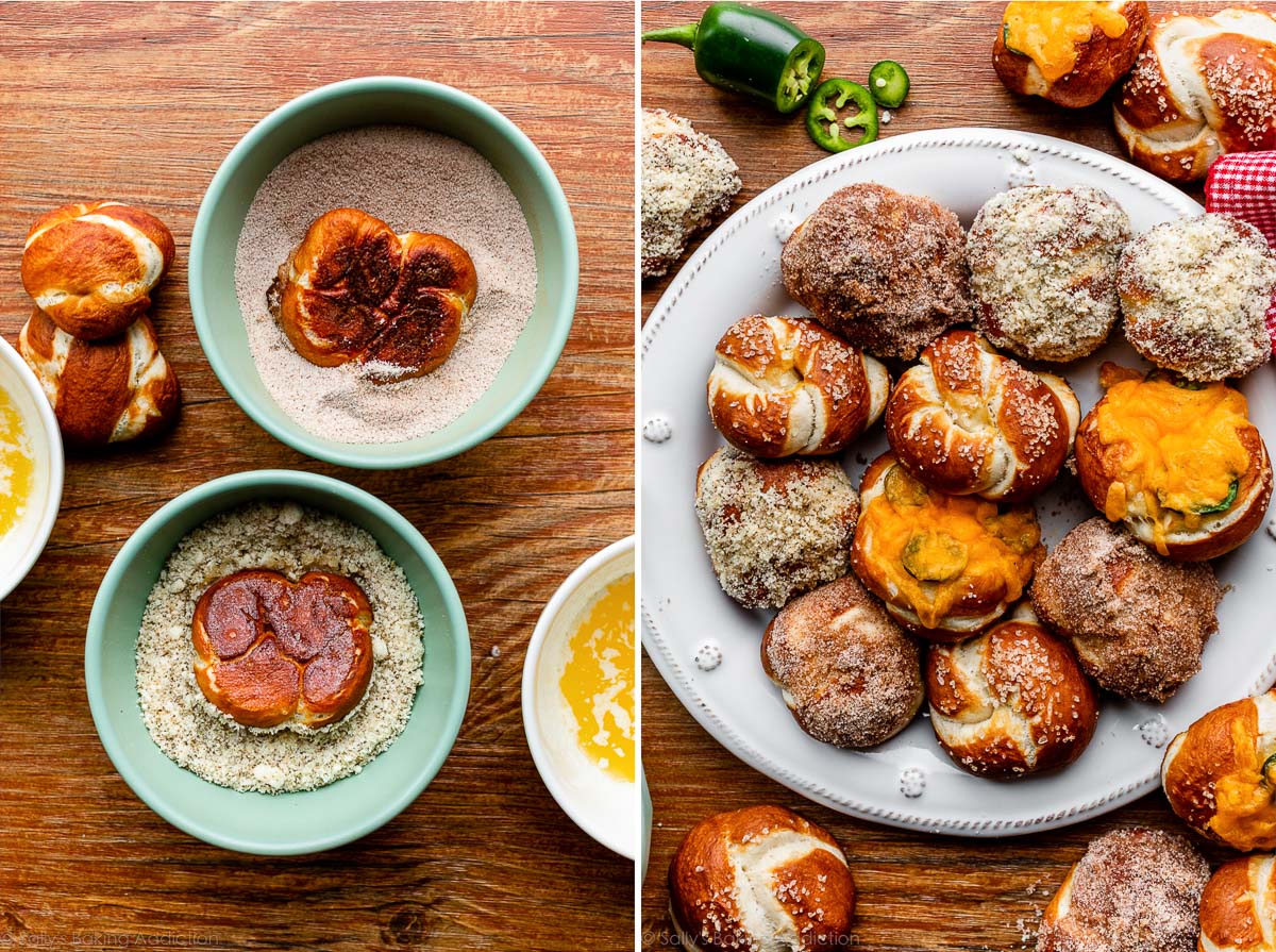 soft pretzel knots with different toppings including garlic parmesan, cinnamon sugar, and jalapeño cheddar