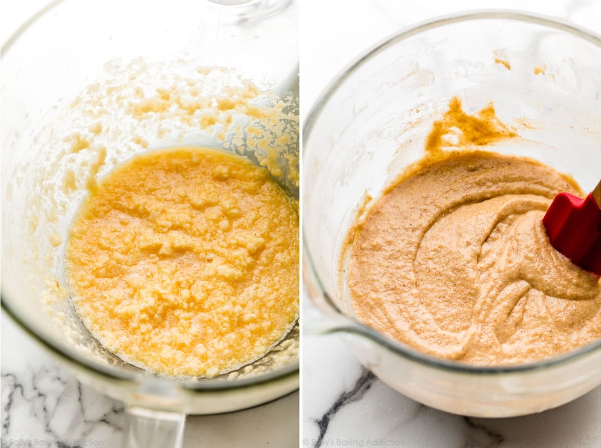 photos showing the curdled wet ingredients and the final apple cinnamon bread batter