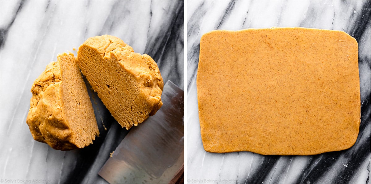 pumpkin sugar cookie dough on marble counter