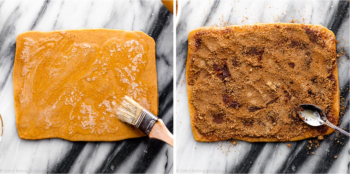 rolled out pumpkin sugar cookie dough with butter and cinnamon sugar topping