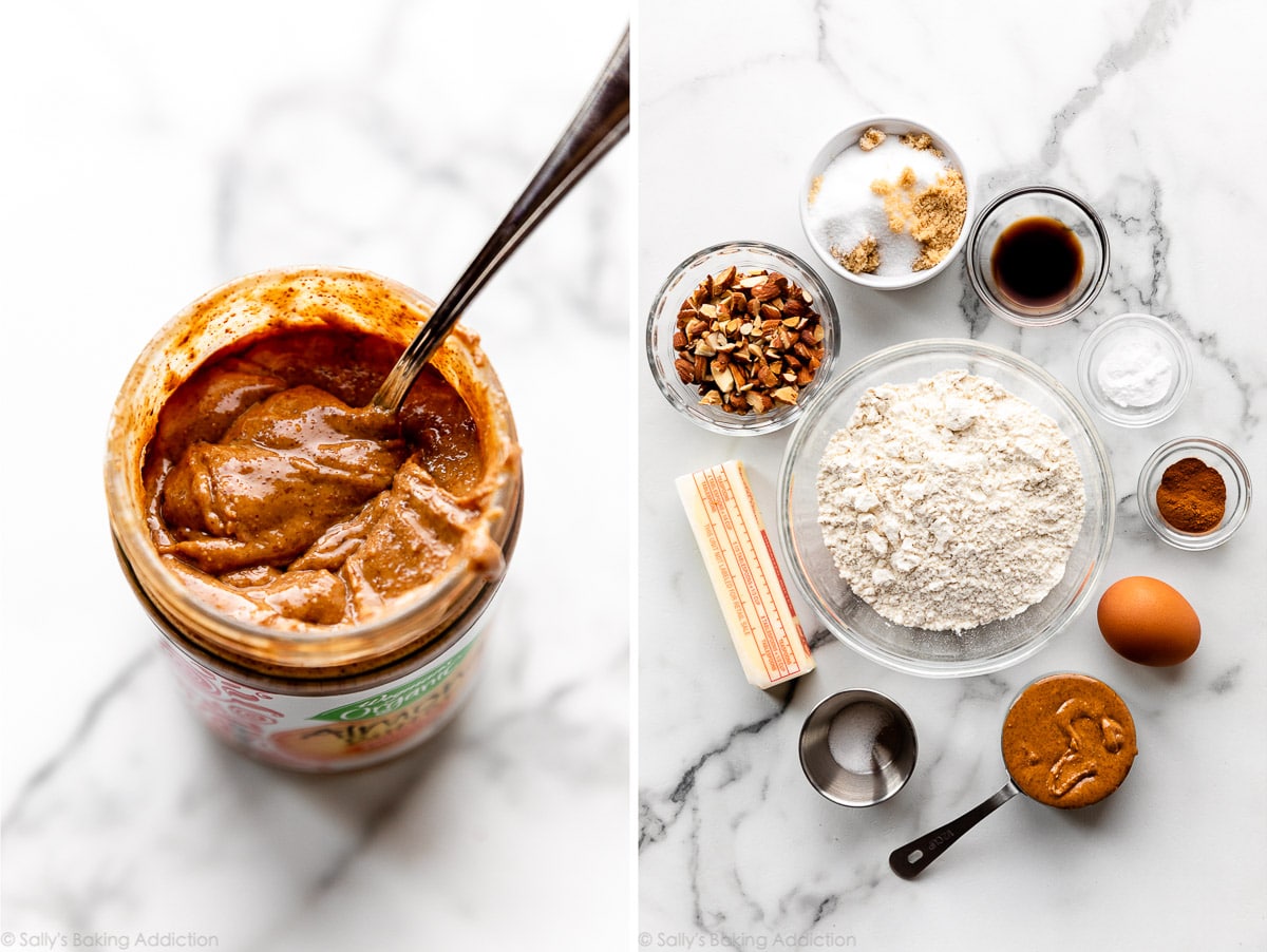 almond butter jar and other ingredients needed for cookie recipe