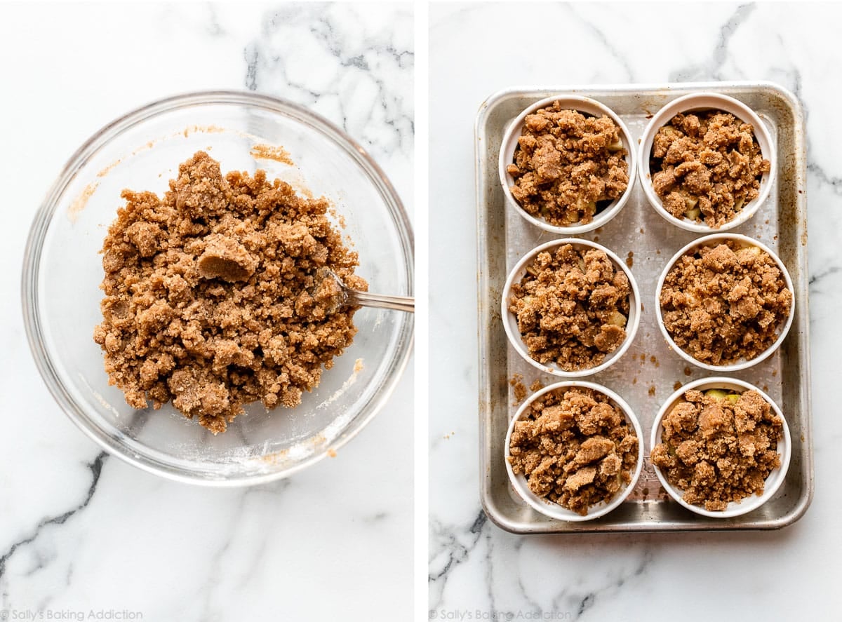 apple crumbles in ramekins before baking