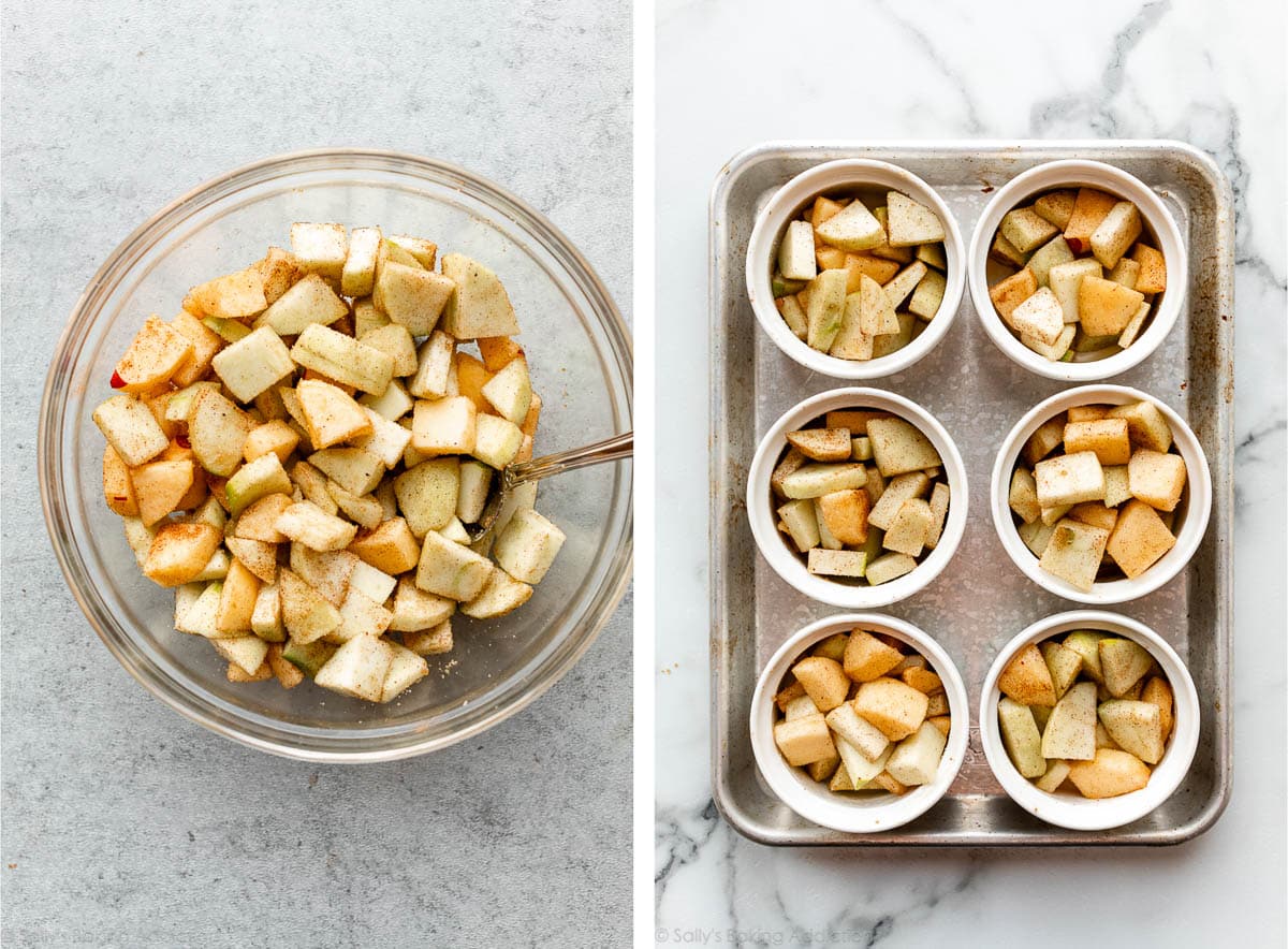 chopped apples in glass bowl and shown again in ramekins