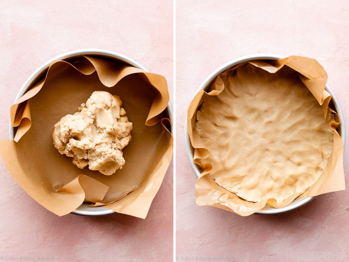 dough pressed into lined cake pan