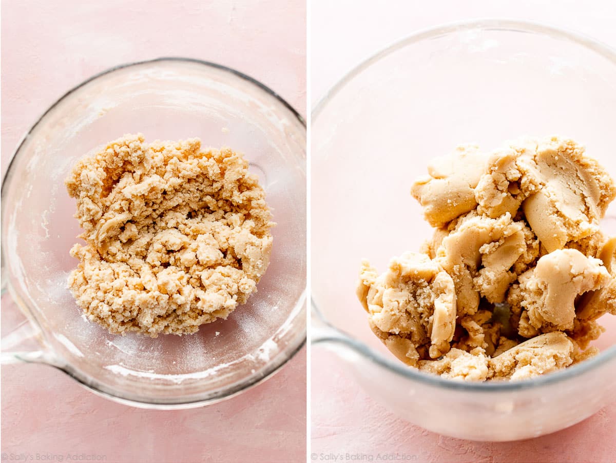 shortbread dough shown in the crumbly stage and again as the finished dough