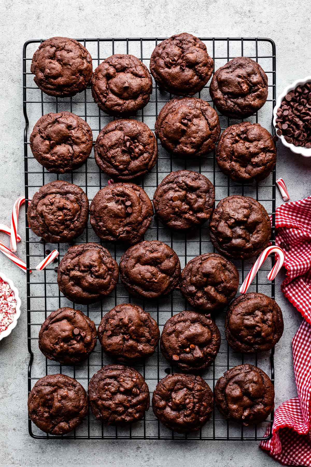 chocolate peppermint cookies arranged on wire cooling rack