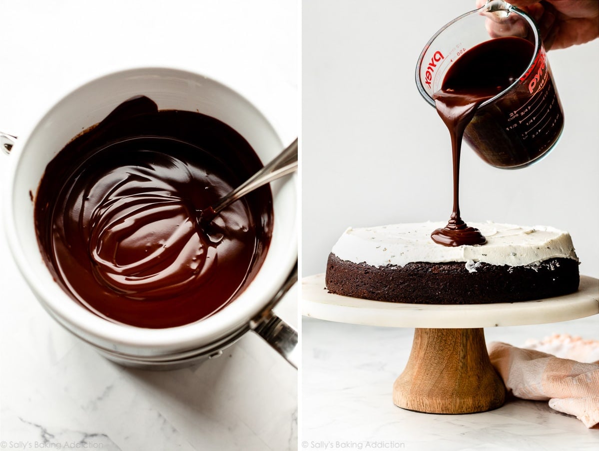 chocolate ganache in double boiler and shown again poured on frosted cake