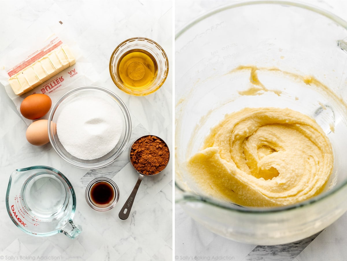 sugar, cocoa powder, butter, and other ingredients shown next to creamed butter, sugar, and oil mixture
