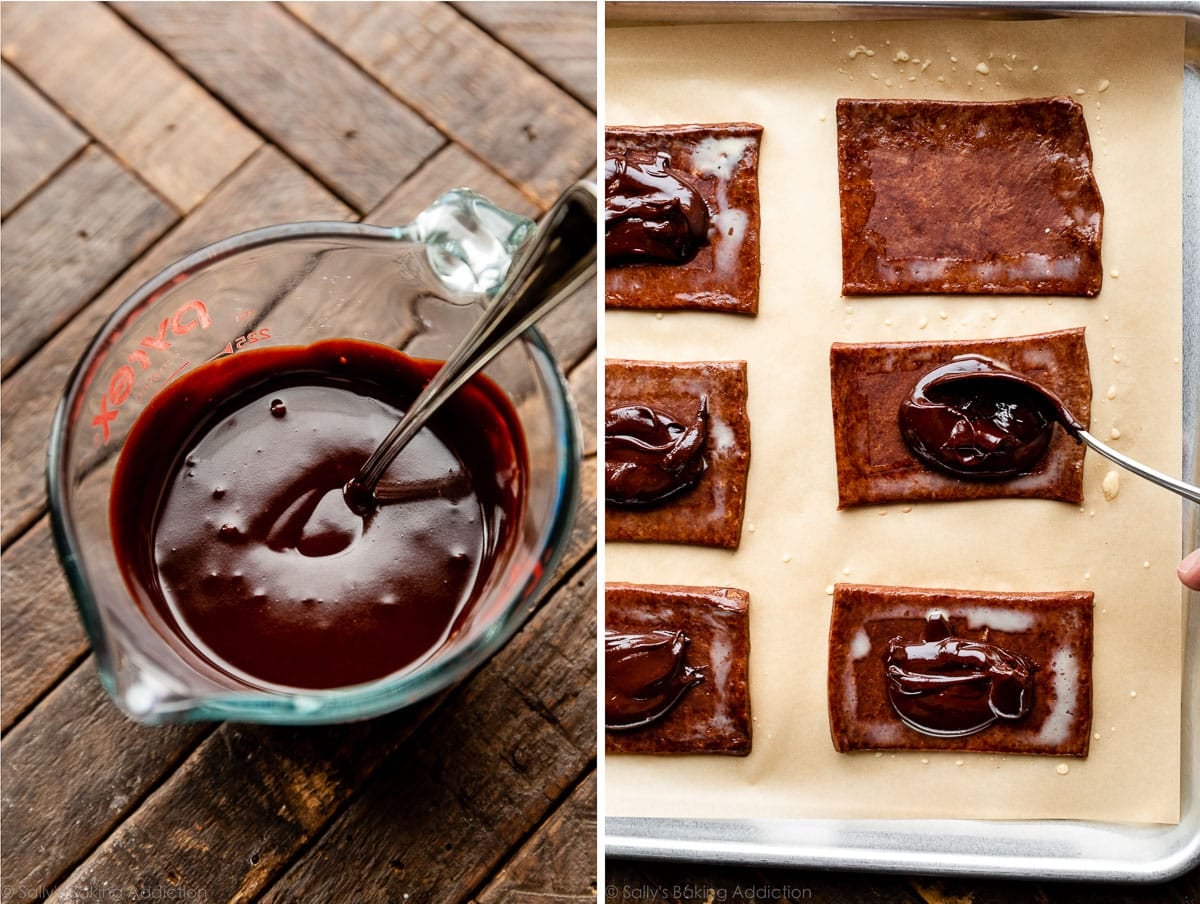 chocolate fudge filling in liquid measuring cup and on shaped chocolate pastry dough