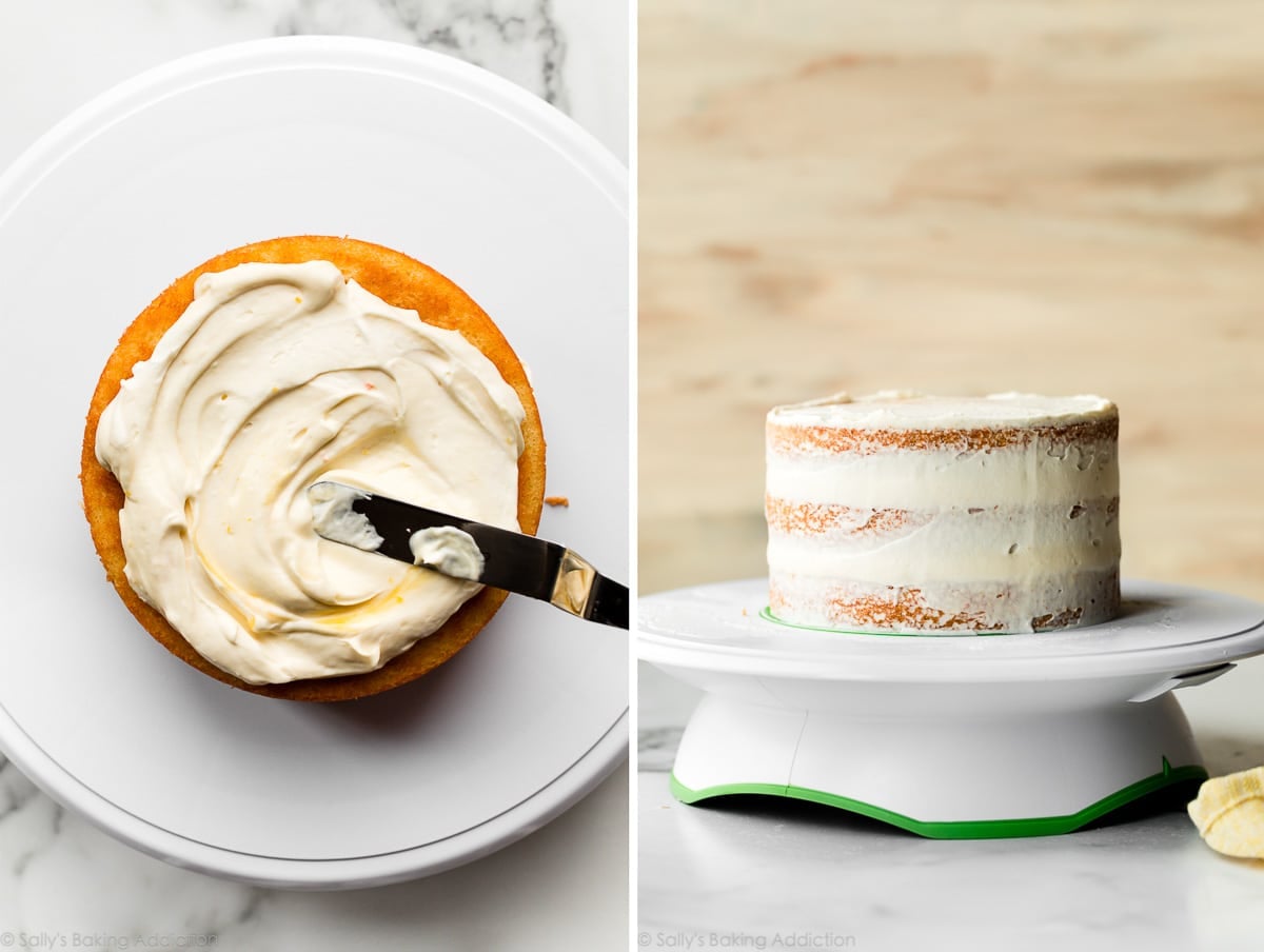 frosting a 3 layer cake with a whipped frosting crumb coat