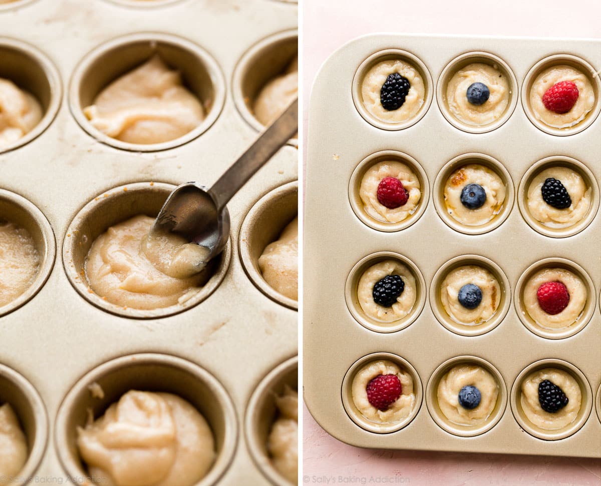 brown butter batter spooned into mini muffin pan and shown with berries on top of each before baking