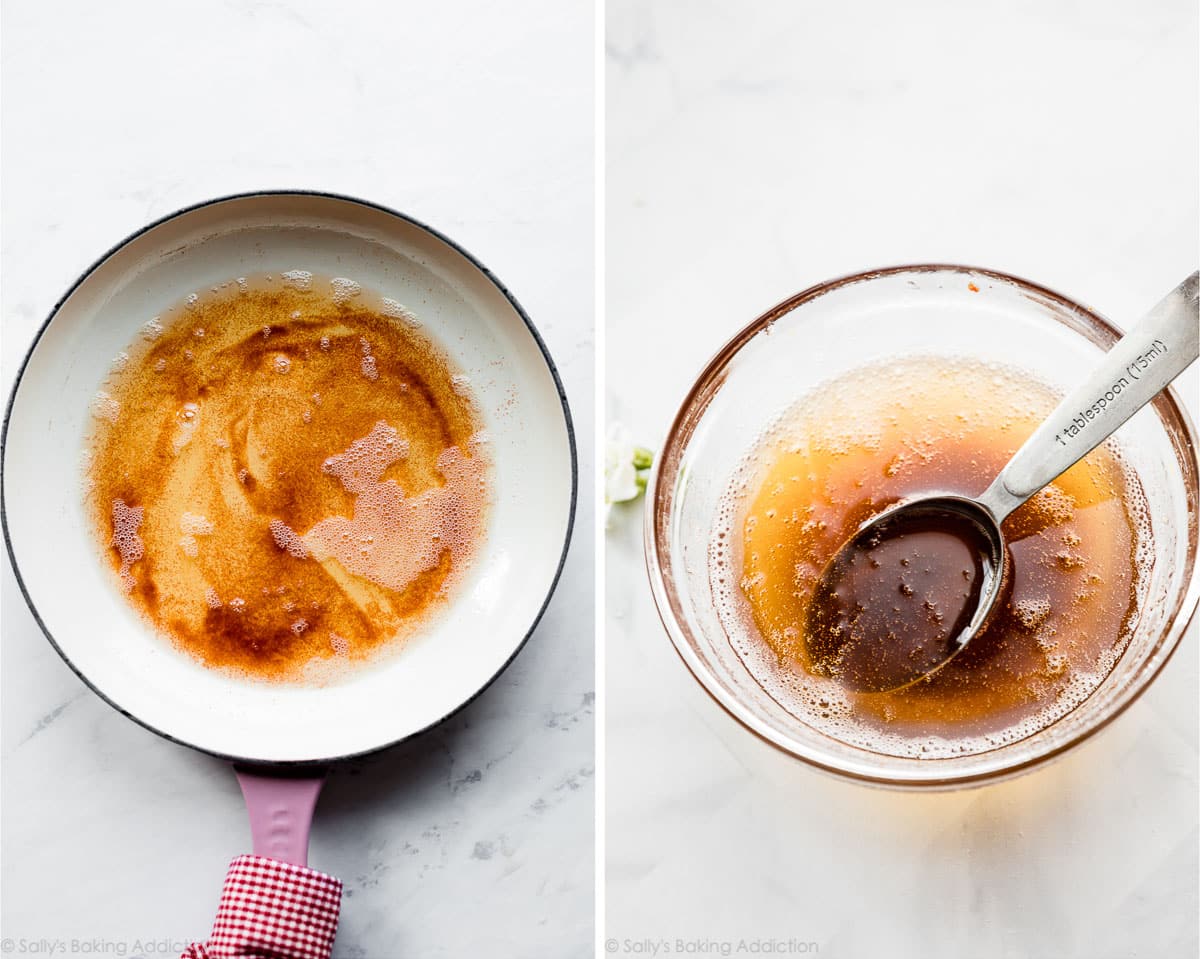 browned butter in skillet pan and also shown in a small glass bowl