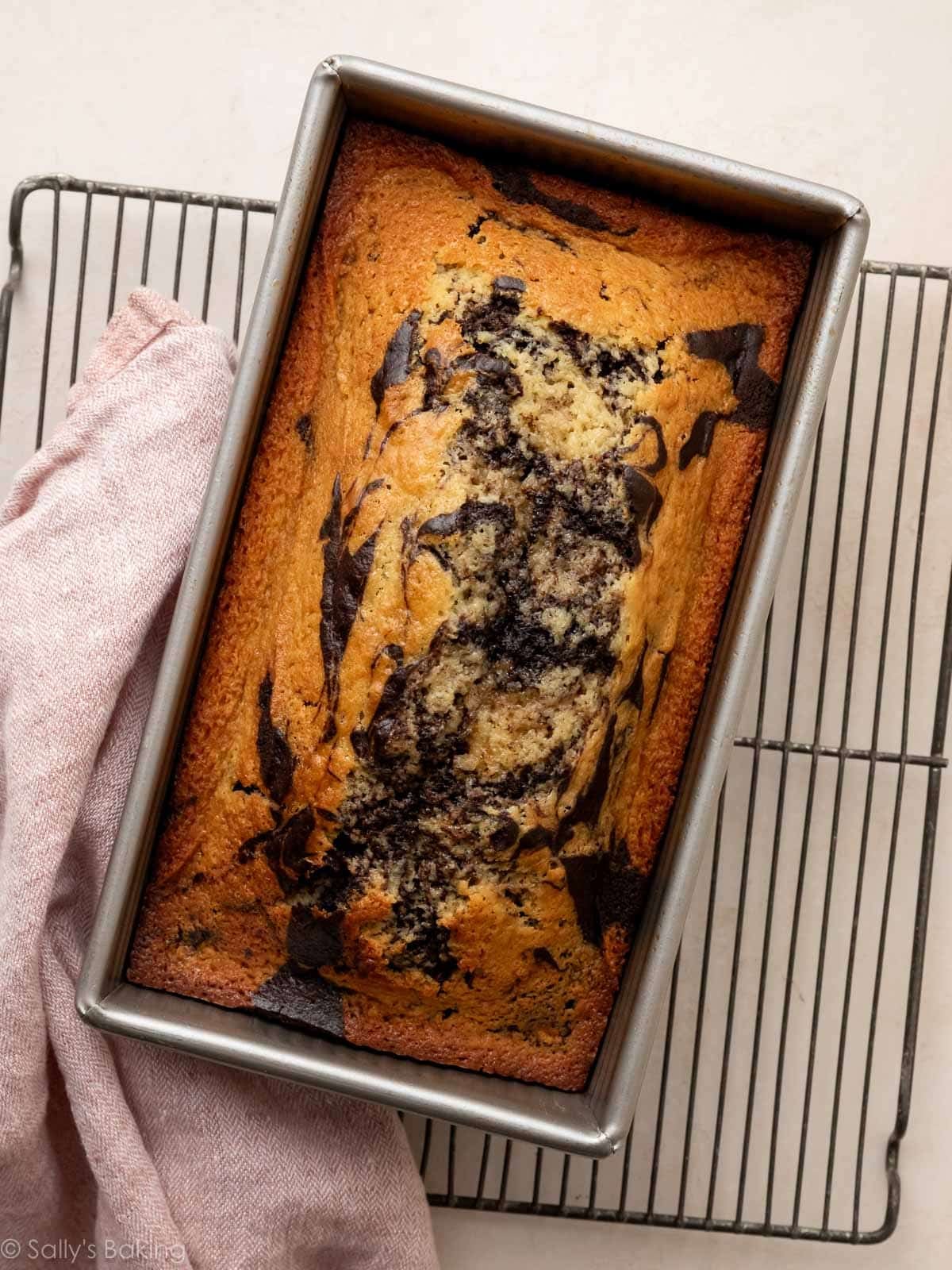 marble loaf cake in loaf pan.