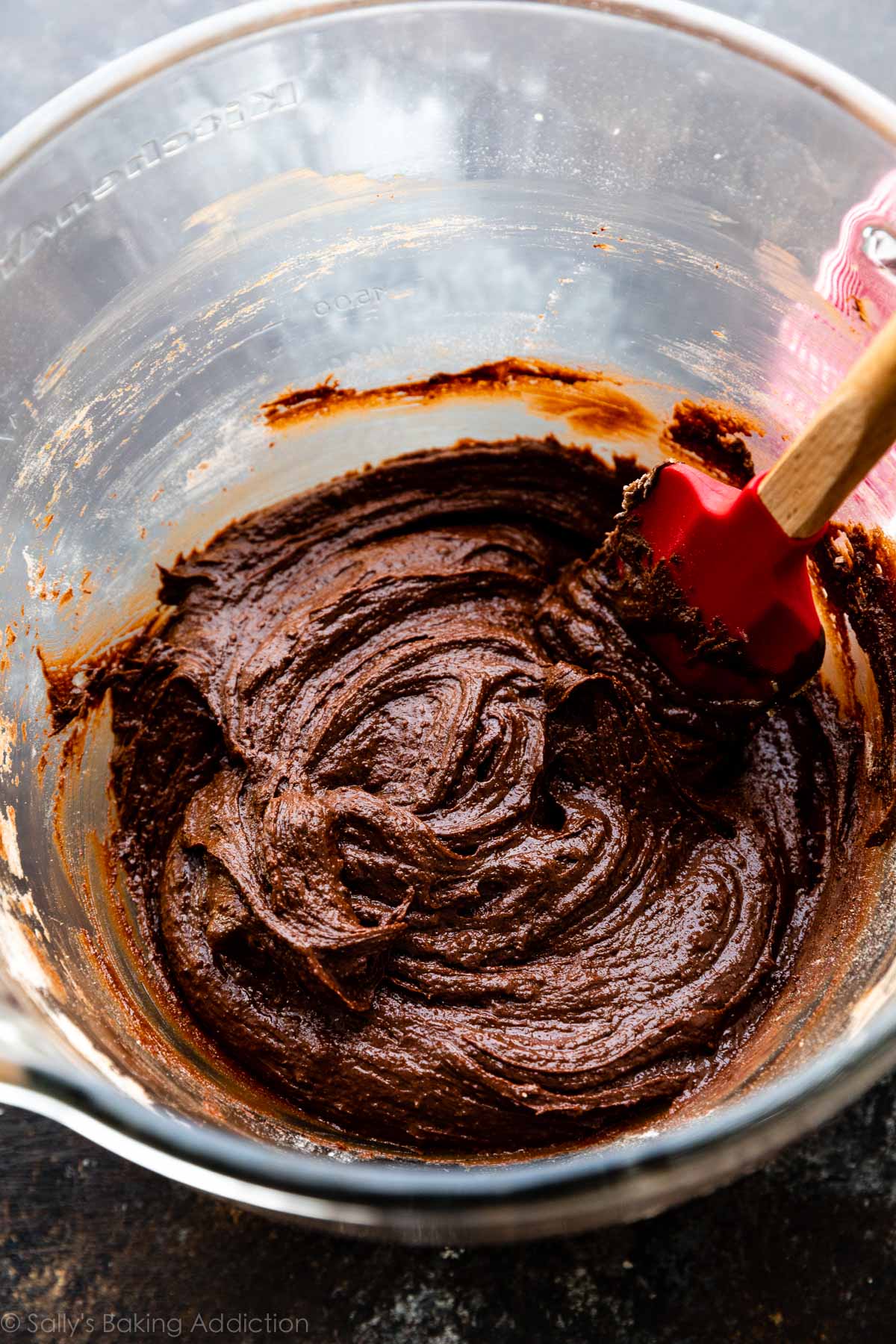 brownie cookie dough in glass bowl