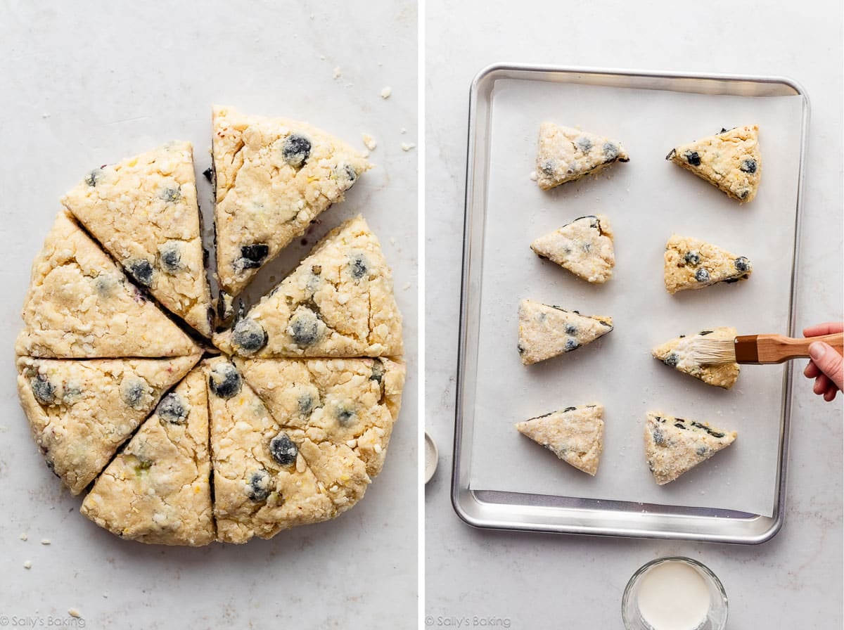lemon blueberry scone dough cut into wedges and shown again being brushed with cream on lined baking sheet.