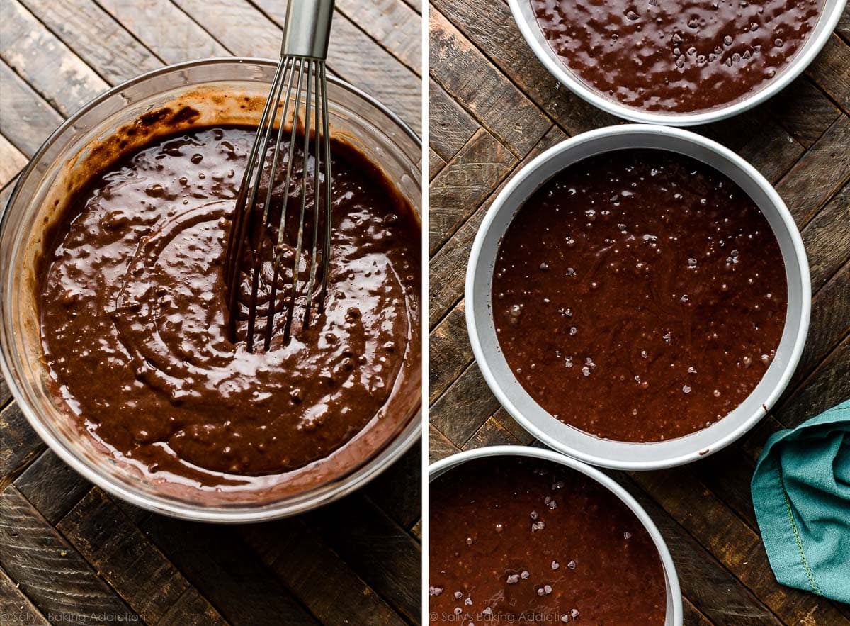 chocolate chocolate chip cake batter in bowl and in cake pans.