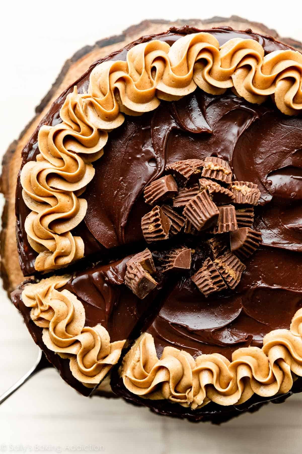 top of cake showing peanut butter cups in center and peanut butter frosting piped around exterior.