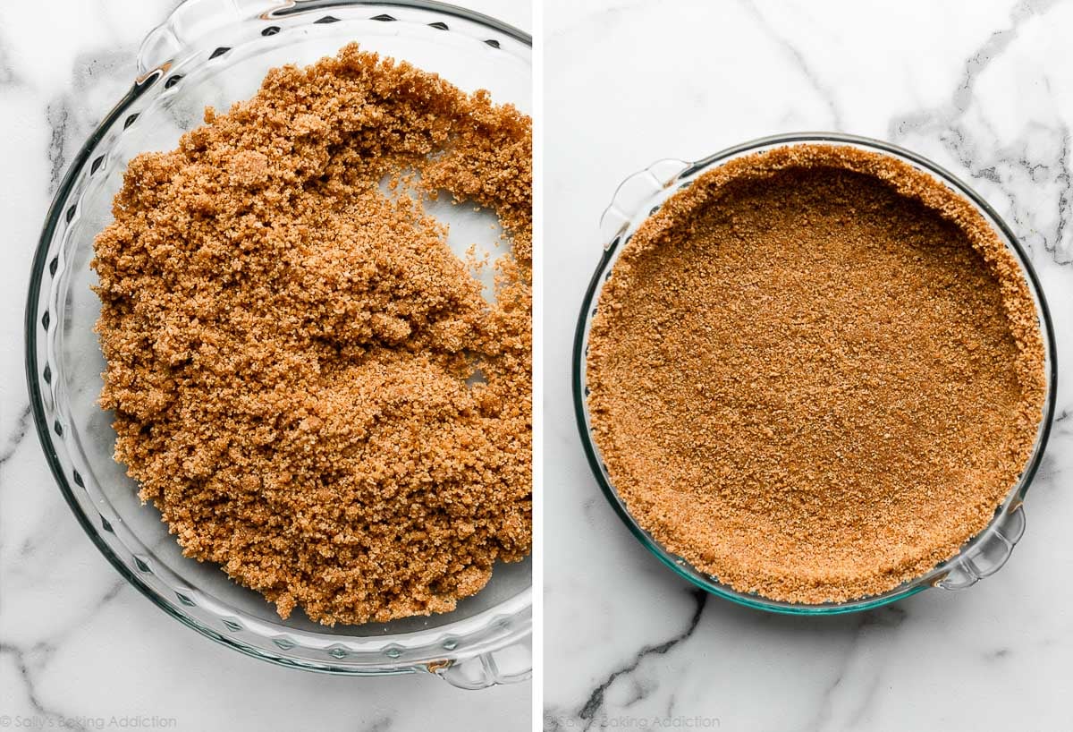 graham cracker mixture in glass pie dish and shown again pressed tightly in dish.