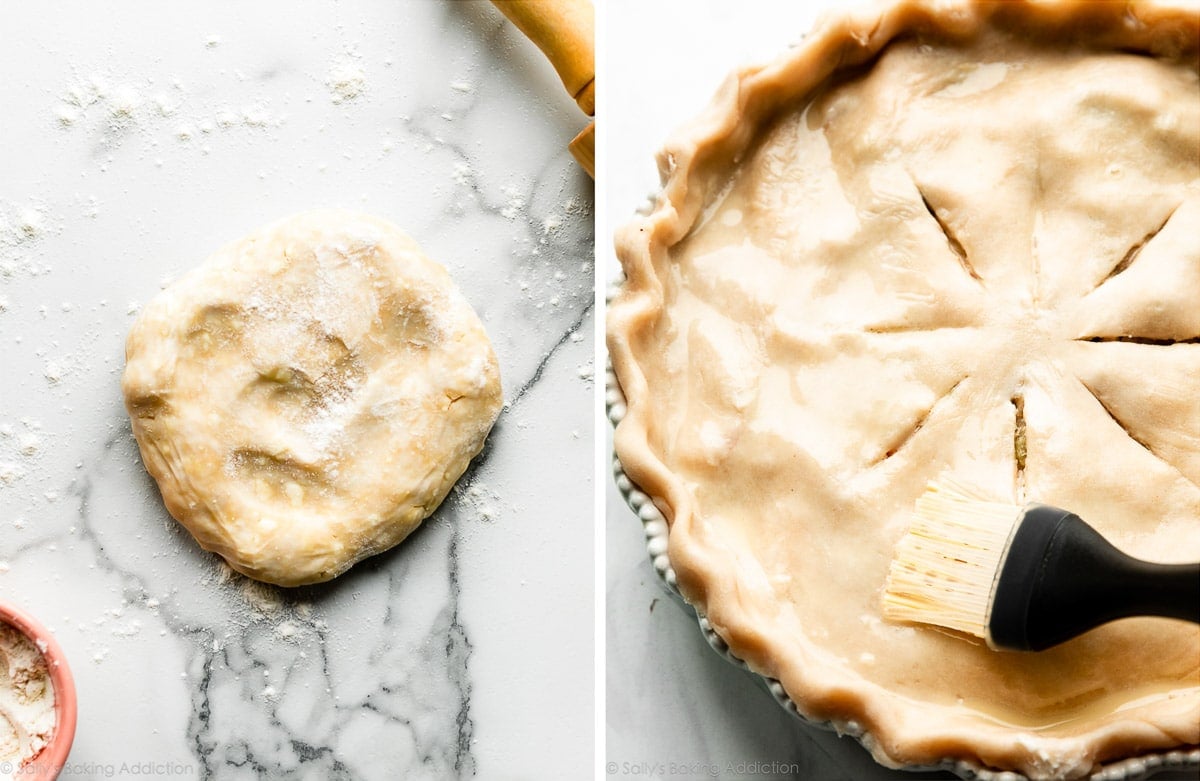 pie dough disc and another photo showing pie dough on top of pie dish and egg wash being brushed on top.