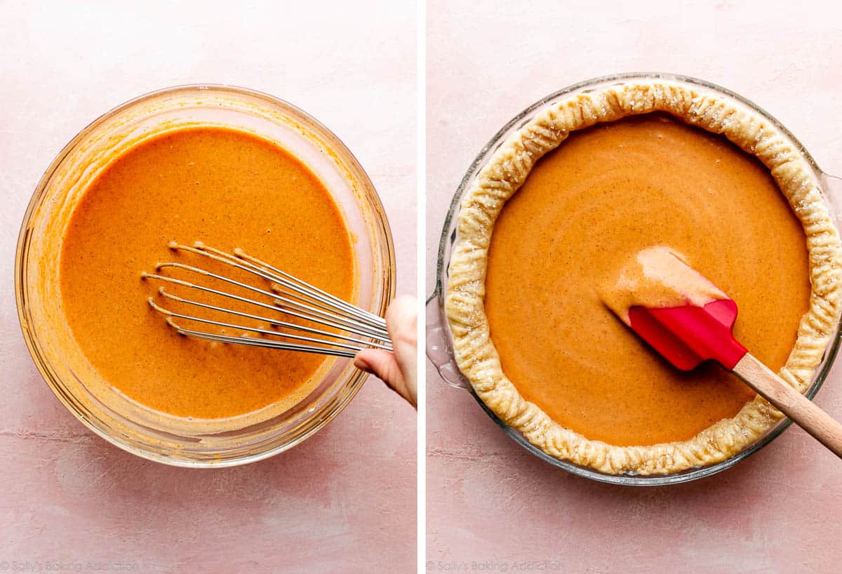 orange pumpkin filling mixture in glass bowl and shown again poured into par-baked pie crust.
