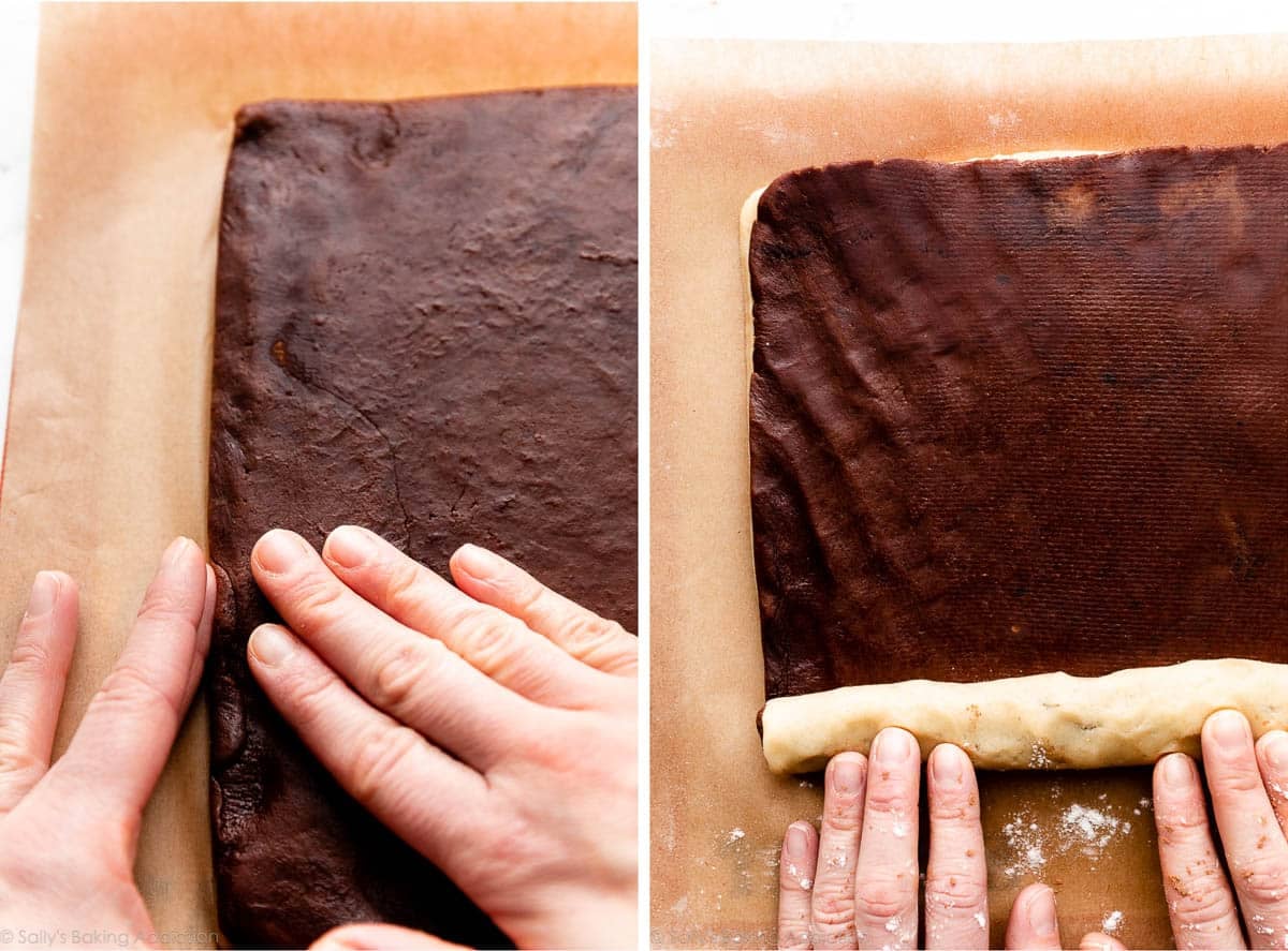 shaping chocolate dough on top of vanilla dough and another photo rolling them together.