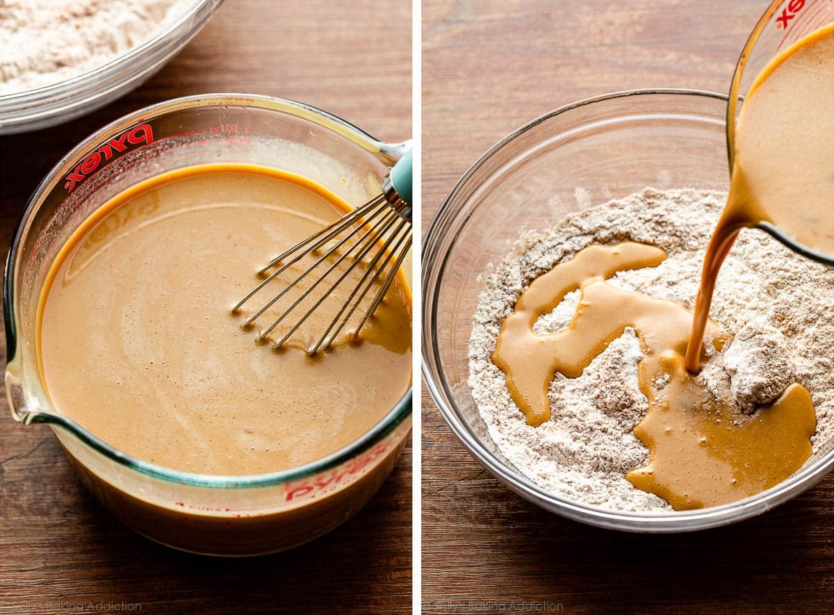 liquid ingredients in large liquid measuring cup and shown again being poured over bowl of dry ingredients.