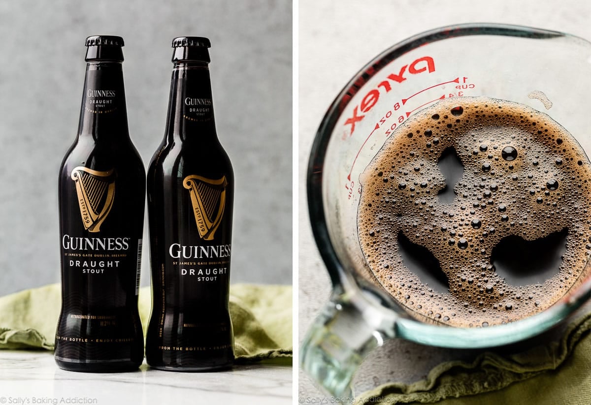 two bottles of Guinness beer and shown again reduced down in a measuring cup.
