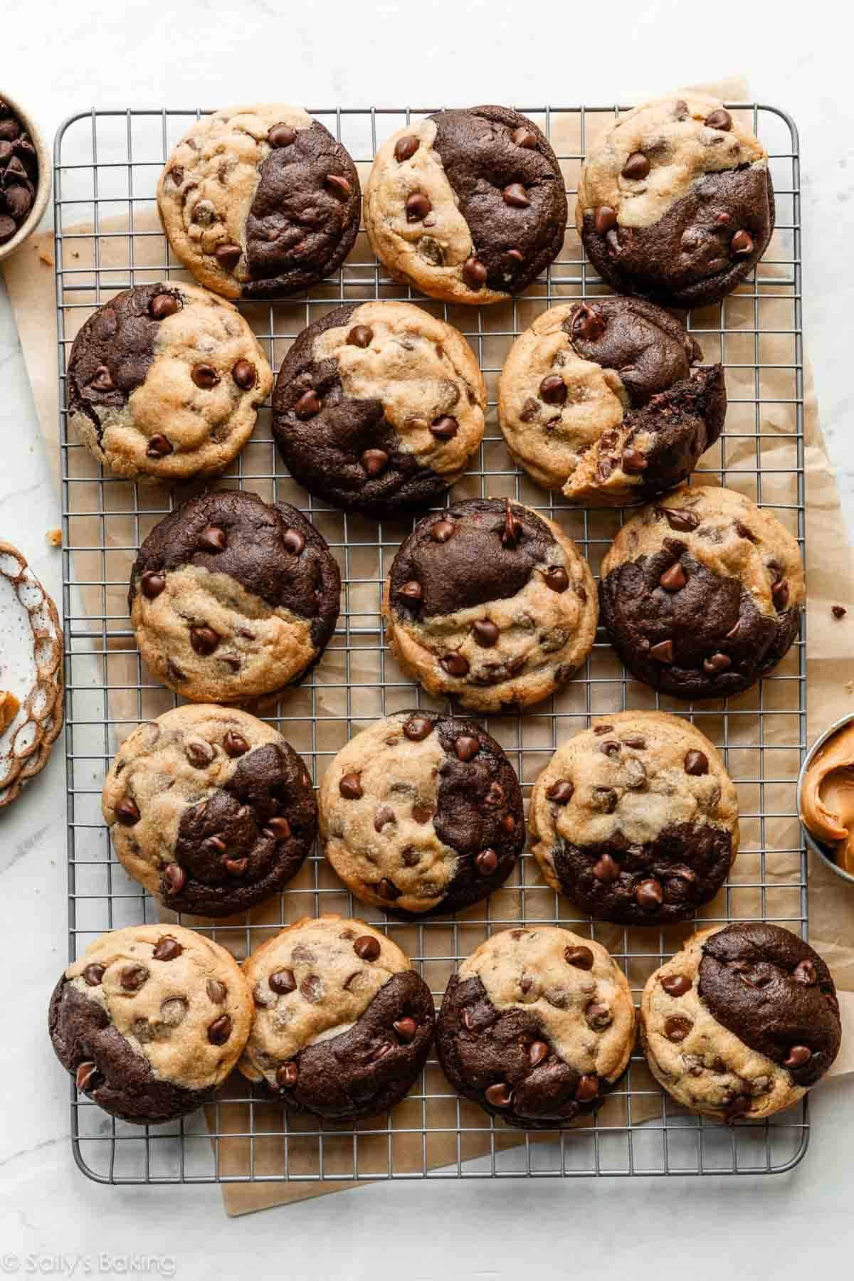 peanut butter chocolate swirl cookies on a cooling rack.