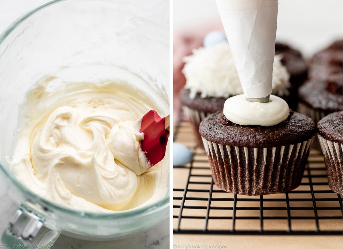 cream cheese frosting in a bowl and shown again being piped on a chocolate cupcake.