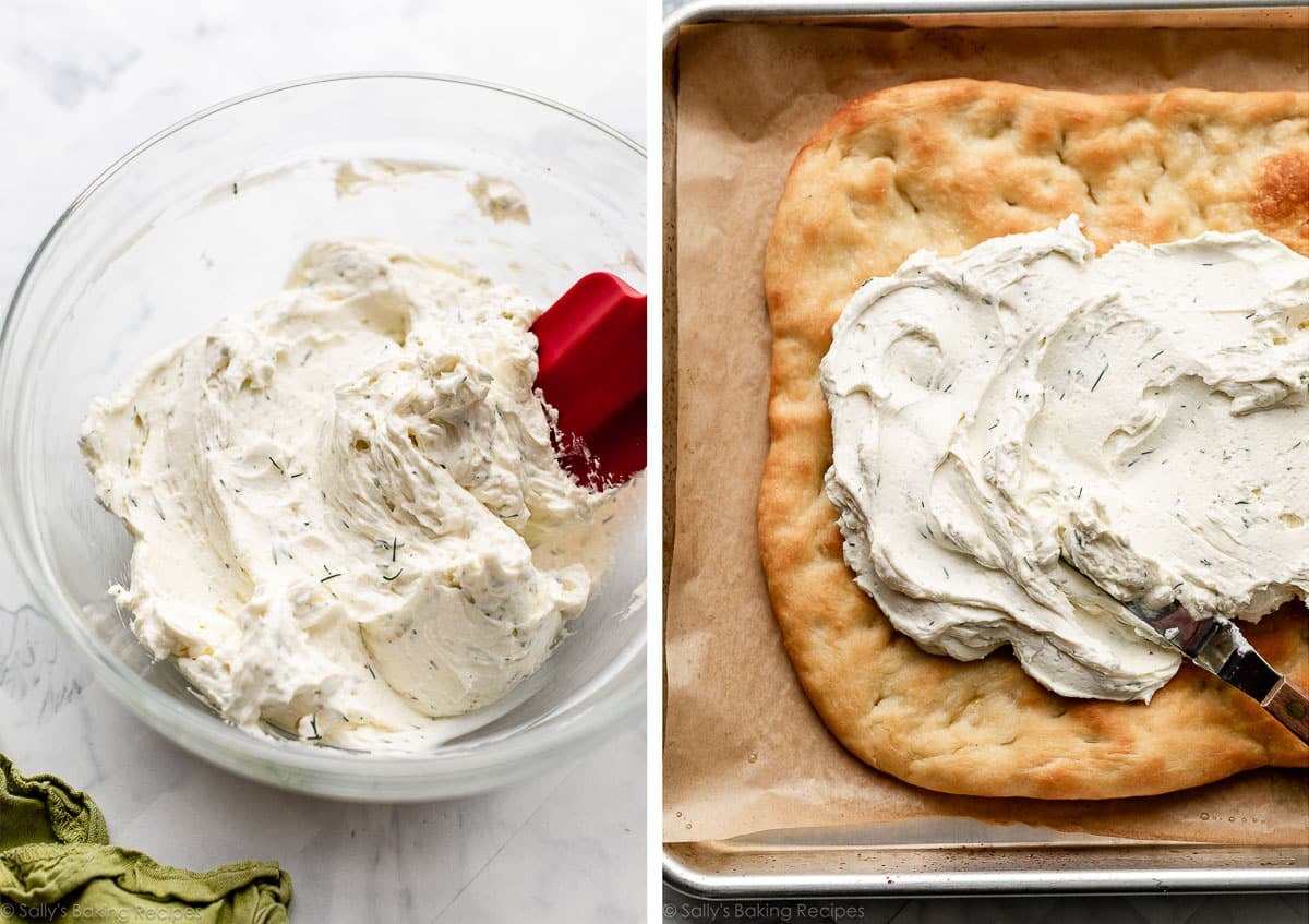 garlic herb cream cheese mixture in bowl and being spread on top of baked dough.