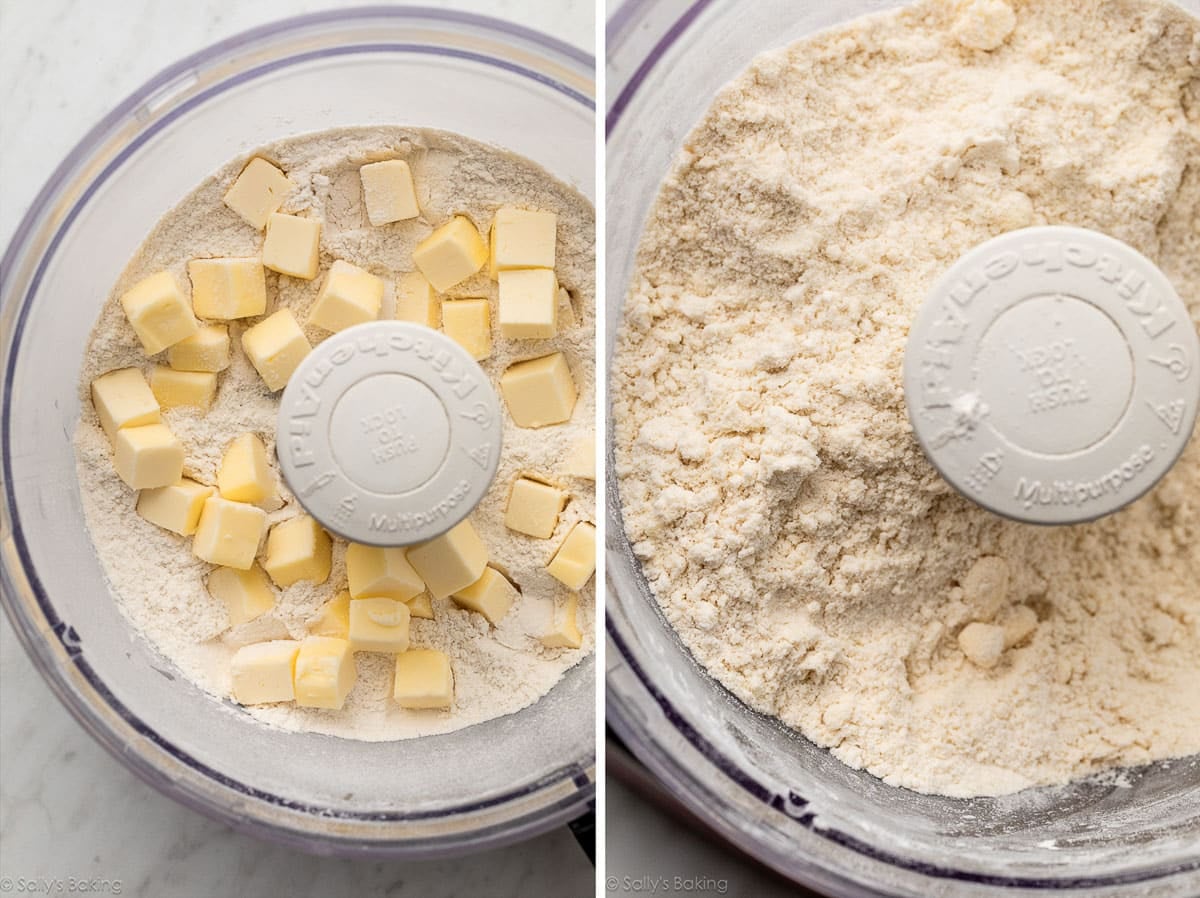 cubed butter in food processor and shown again mixed together.