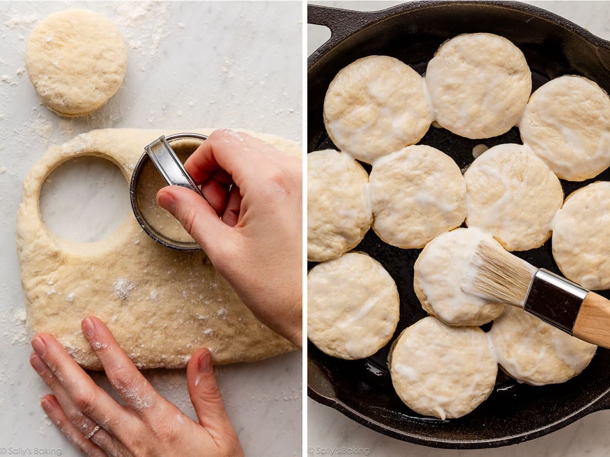 hands cutting biscuit dough and biscuits shown in cast iron skillet.