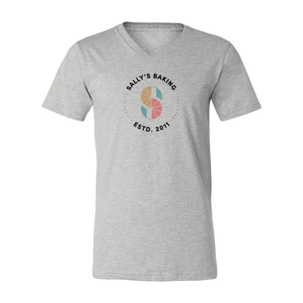 gray sally's baking logo vneck shirt.